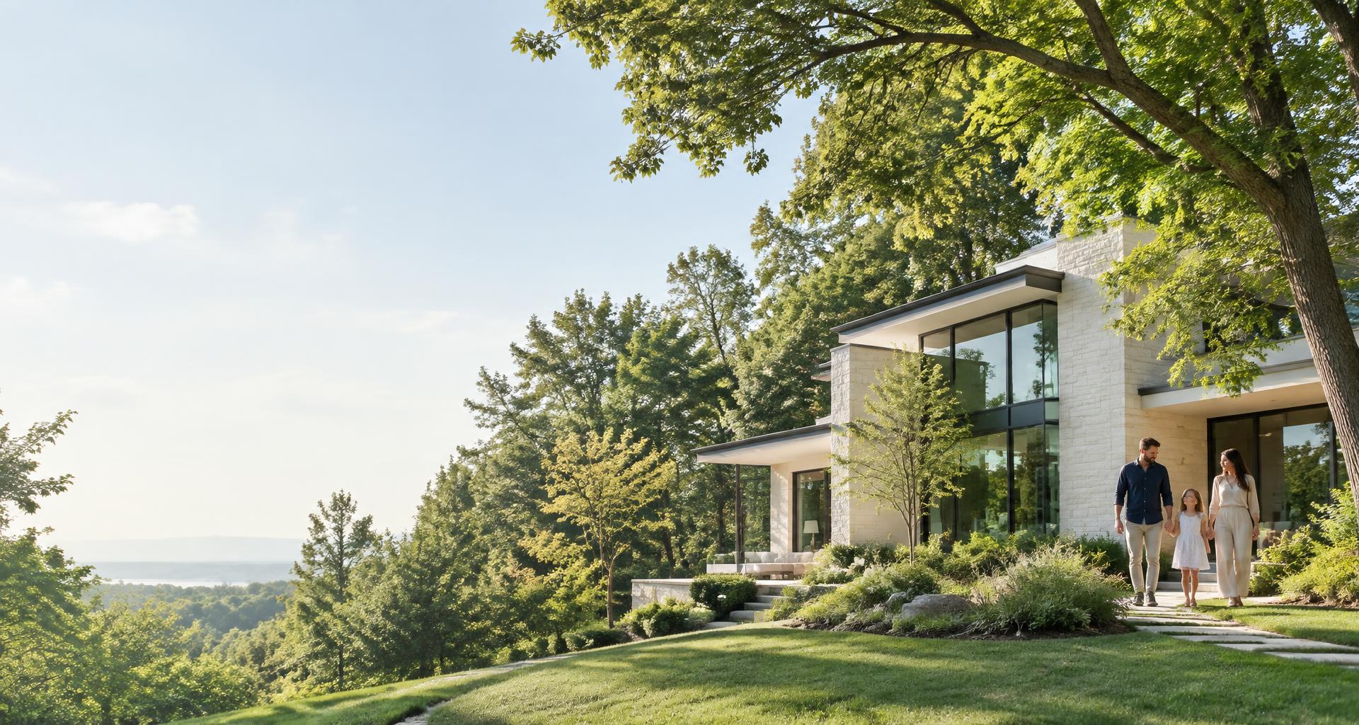 A family outside a contemporary home surrounded by green trees